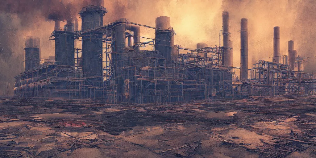 Prompt: long exposure photograph of dilapidated carbon capture facility, Rural Canada, detailed textures, hyper realistic, vibrant colors, cinematic lighting, industrial art style, climate change, digital art painting by greg rutkowski, cinematic, concept art, 35mm grain filter, artstation