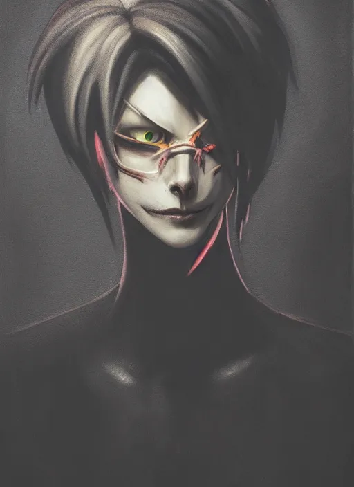 Image similar to dark portrait painting of tracer from overwatch, in style of zdzisław beksinski, scary, horror, overwatch tracer character, evil grin, detailed face, dressed in dark garment, black tendrils, tall,