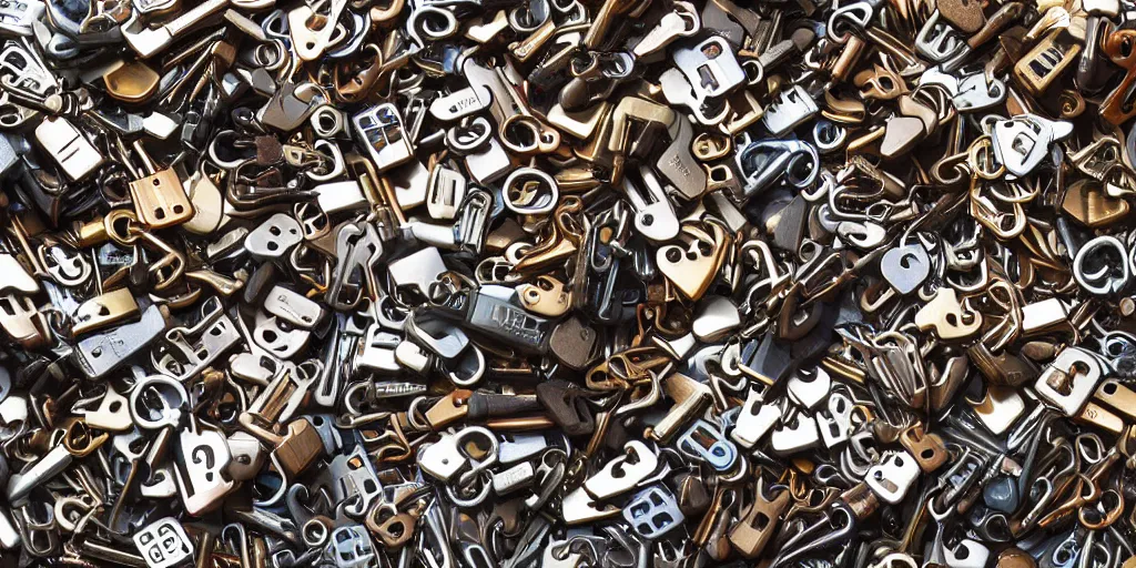 Prompt: heap of 3 0 keys of different sizes and styles, unsorted product photo, wallpaper, high detail