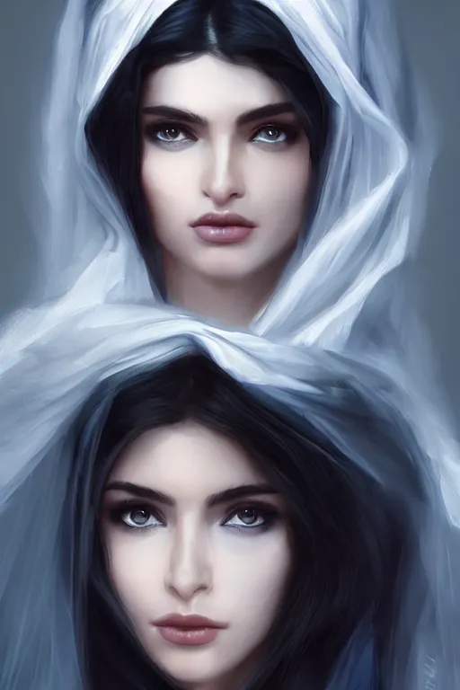 Image similar to Ameera al-Taweel, blue eyes, long wavy black hair, fierce look, white veil, closeup, focus face, elegant, highly detailed, centered, digital painting, artstation, concept art, art by WLOP