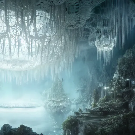 Image similar to under an white intricate like lace epic forest suspended in the air upside down, a white pool with intricate epic circles of water within floating female robots, dressed in intricate veils and jewels, and an intricate mythological underwater city, epic environment, matte painting, diffused lighting, highly detailed, cinematic, epic atmosphere, digital art, trending on artstation, wide angle