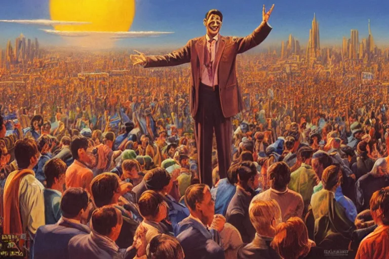 Prompt: a picture of a happy subgenius - salesman at a alter speaking to a crowd of kneeling cultists, flying saucers in the sky, sunrise, a detailed matte painting by mort kunstler, pixiv, kitsch movement, city background, movie poster, official art