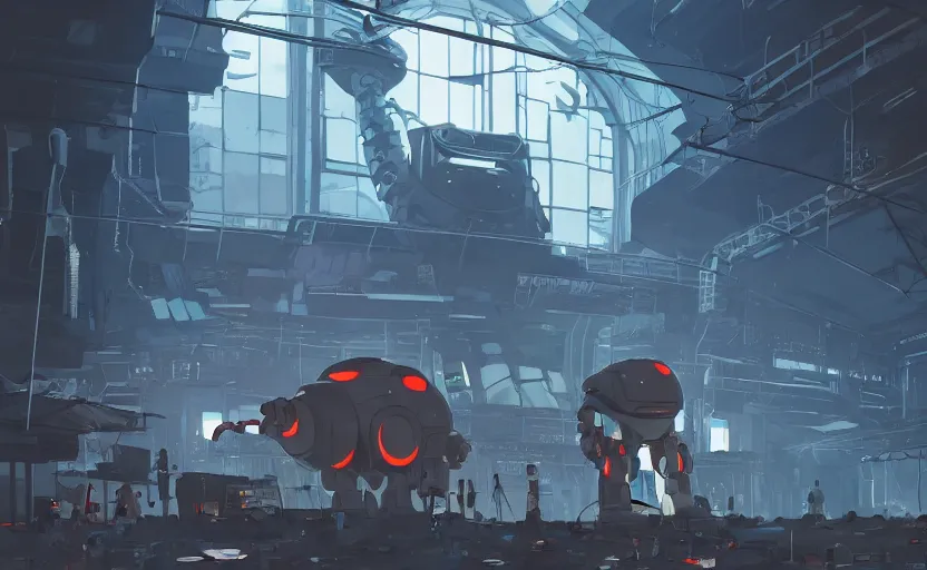 Image similar to a huge broken robot standing in a mess warehouse, crystal lights, sci - fi atmosphere, cel - shading, cinematic, artstation, studio ghibli, miyazaki, highly details