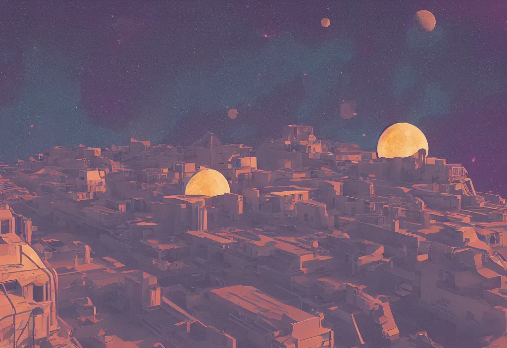 Prompt: accidentally wes anderson award - winning photograph of a lunar cosmic city, art by greg rutkowsky, trending on artstation, cinematic lighting, filmic grain, golden hour, detailed, 4 k