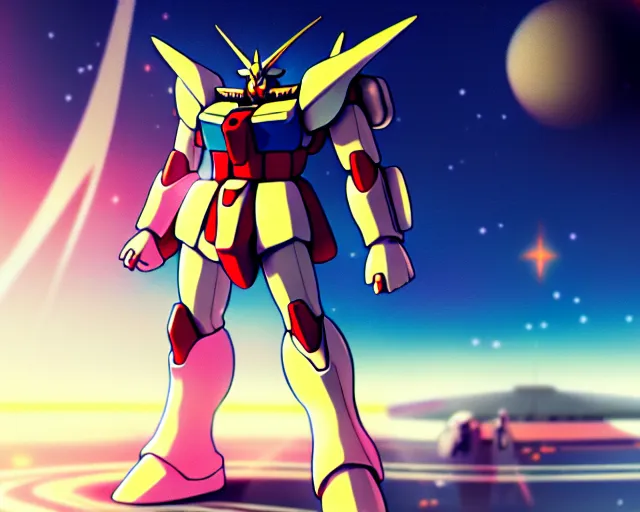 Image similar to anime illustration of a large robust gundam, over looking saturn, wide shot, bokeh, ilya kuvshinov, anime, pixiv top monthly, trending on artstation, cinematic, danbooru, zerochan art, kyoto animation