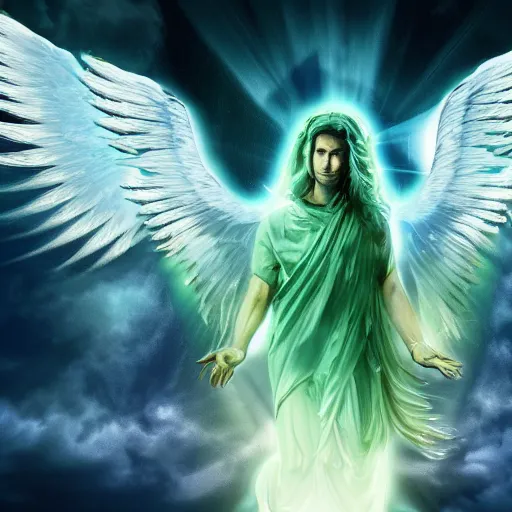 Image similar to angel ascending with four horseman of apocalypse, mintgreen colors only, divine, 4 k, sunlights, hd
