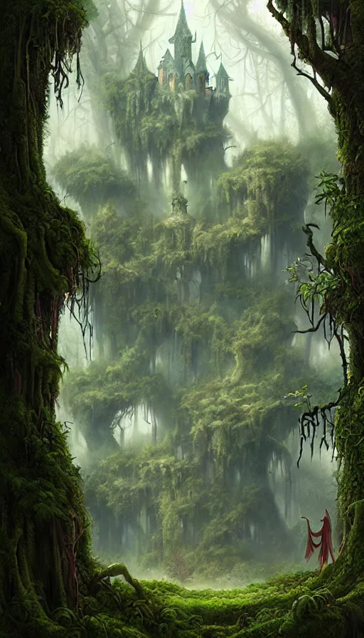 Prompt: fairy palace, castle towers, gnarly trees, lush vegetation, forest landscape, painted by tom bagshaw, raphael lacoste, eddie mendoza, alex ross concept art matte painting