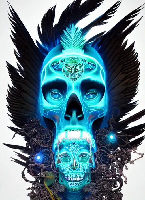 Image similar to 3 d shaman with tattoos profile portrait, sigma 5 0 0 mm f / 5. beautiful intricate highly detailed quetzalcoatl skull and feathers. bioluminescent, plasma, lava, ice, water, wind, creature, thunderstorm! artwork by tooth wu and wlop and beeple and greg rutkowski, 8 k trending on artstation,