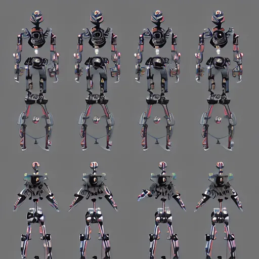 Prompt: a science fiction robot character design sheet, trending on artstation