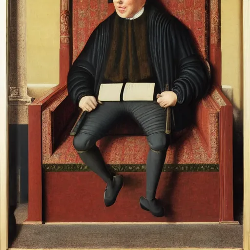 Prompt: a rich business man sitting in a big chair with a smirk, futuristic, by van eyck