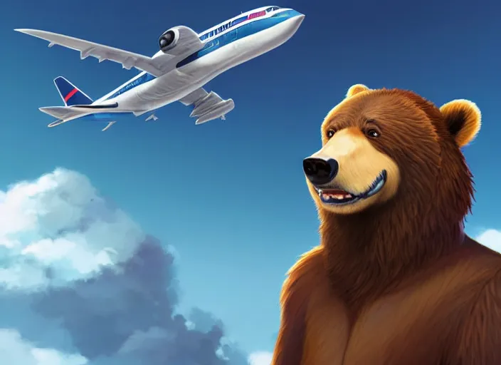 Image similar to character portrait feature of the anthro male anthropomorphic kamchatka brown bear fursona wearing airline pilot outfit uniform professional pilot for delta airlines character design stylized by charlie bowater, ross tran, artgerm, and makoto shinkai, detailed, soft lighting, rendered in octane