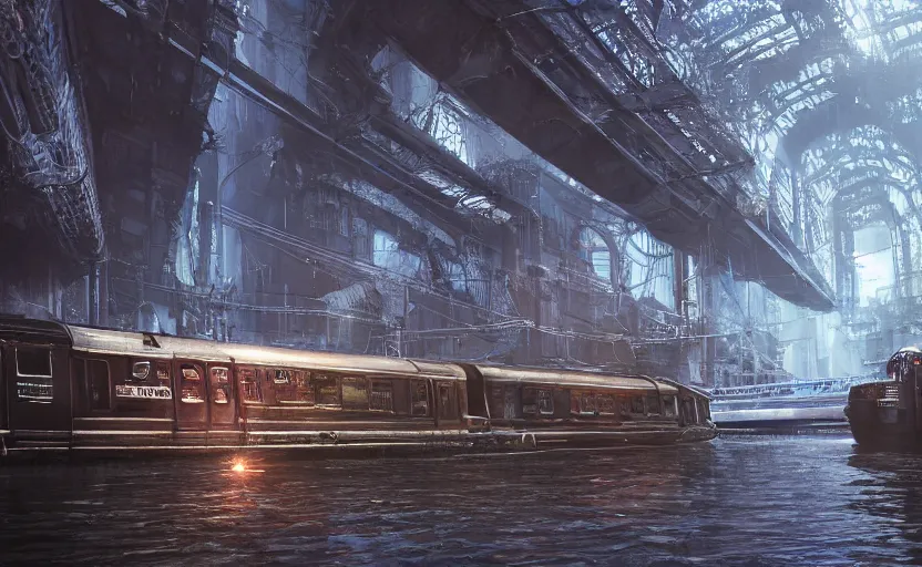 Prompt: An urban train rides inside of a waterway on a fantasy city, hyperrealistic mixed media, stunning 3d render inspired art by P. Craig Russell and Barry Windsor-Smith + perfect facial symmetry + dim volumetric lighting, 8k octane beautifully detailed render, post-processing, extremely hyperdetailed, intricate futuristic mechanic parts, epic composition, grim yet sparkling atmosphere, cinematic lighting + masterpiece, trending on artstation