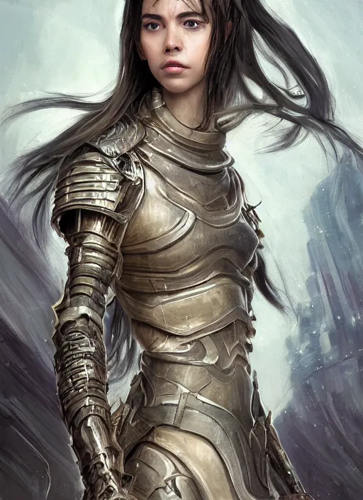 Image similar to a professional portrait of a beautiful young female, clothed in ethereal battle armor, olive skin, long dark hair, beautiful bone structure, symmetrical facial features, intricate, elegant, digital painting, concept art, smooth, sharp focus, finely detailed, illustration, from Valerian and the City of a Thousand Planets, in the style of Ruan Jia and Mandy Jurgens and Artgerm and Greg Rutkowski and William-Adolphe Bouguerea