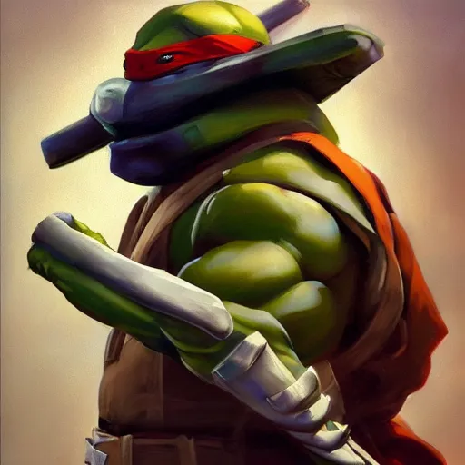 Image similar to greg manchess portrait painting of a teenage mutant ninja turtle, medium shot, asymmetrical, profile picture, organic painting, sunny day, matte painting, bold shapes, hard edges, street art, trending on artstation, by huang guangjian and gil elvgren and sachin teng