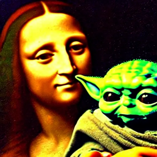 Image similar to Mona Lisa holding Baby Yoda, in the style of Leonardo da Vinci