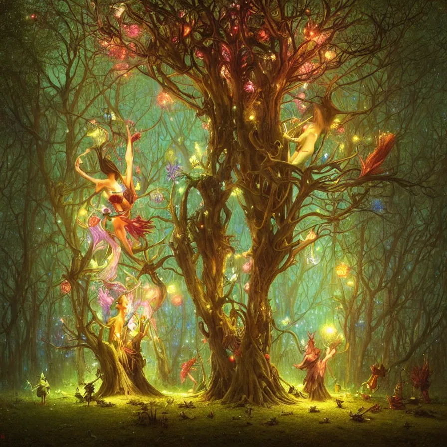 Image similar to a night carnival fairies around a magical tree, christmas lights, creatures and fantastic people disguised as fantastic creatures in a magical forest by summer night, masterpieceunderwater scene, painted by zdzislaw beksinski and artgerm and greg rutkowski and alphonse mucha and rene laloux, volumetric lightning