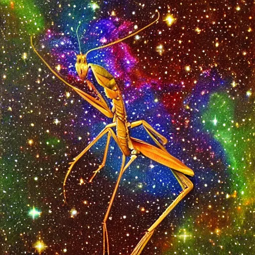 Image similar to celestial praying mantis made out of galaxies, universe, nebulas, mystical, majestic.