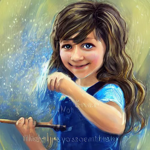 Image similar to the blacksmits’ daughter, working in the forge, Blue eyes, a smile at her face, fantasy art in the style of Lilia Alvarado,