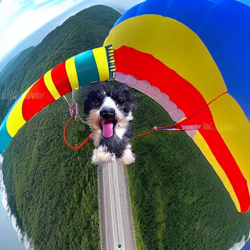 Prompt: a hairy dog attached to a large open balloon parachute jumping from a mountain cliff. the balloon has a brazilian flag. the dog has a one piece hat. photo captured by a drone. photo taken with wide angles camera. epic