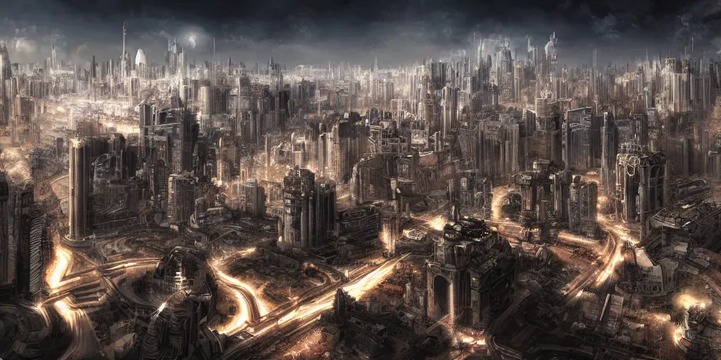 Image similar to futuristic roman empire cityscape with advanced technology, dark setting, 4 k, digital art