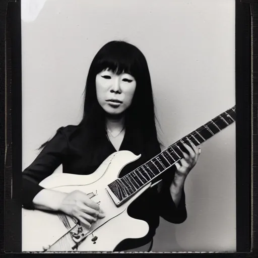 Prompt: a polaroid of a female japanese artist playing an archtop electric guitar, 1 9 7 0 s