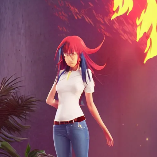 Prompt: nagatoro using white and red tight raglan sleeves, tight blue jeans and cool shoes in a tropical forest, fire hair in flames, artstation, 3 d ray tracing, octane render