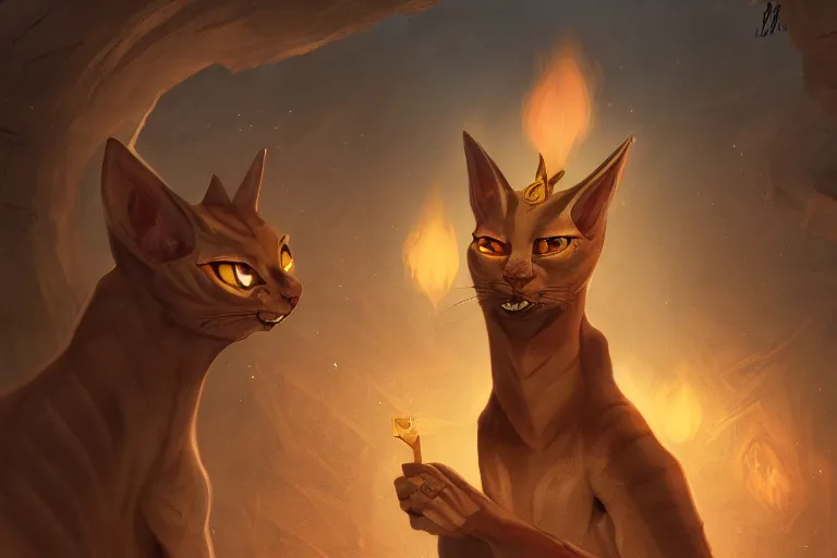 Prompt: hairless tabaxi dungeons and dragons wearing a golden robe. Evil red glowing eyes. Artstation, highly detailed, 8k