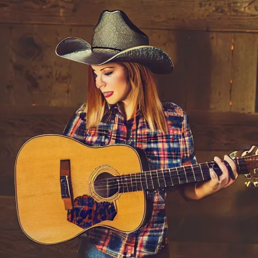 Image similar to a female fox animal, wearing cowboy hat, wearing plaid shirt, playing guitar, inside a barn, album cover style