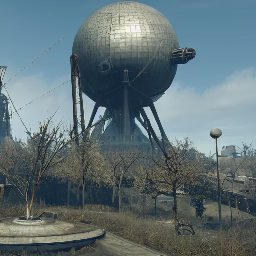 Image similar to the atomium from belgium in fallout 4, screenshot, high res, raytracing