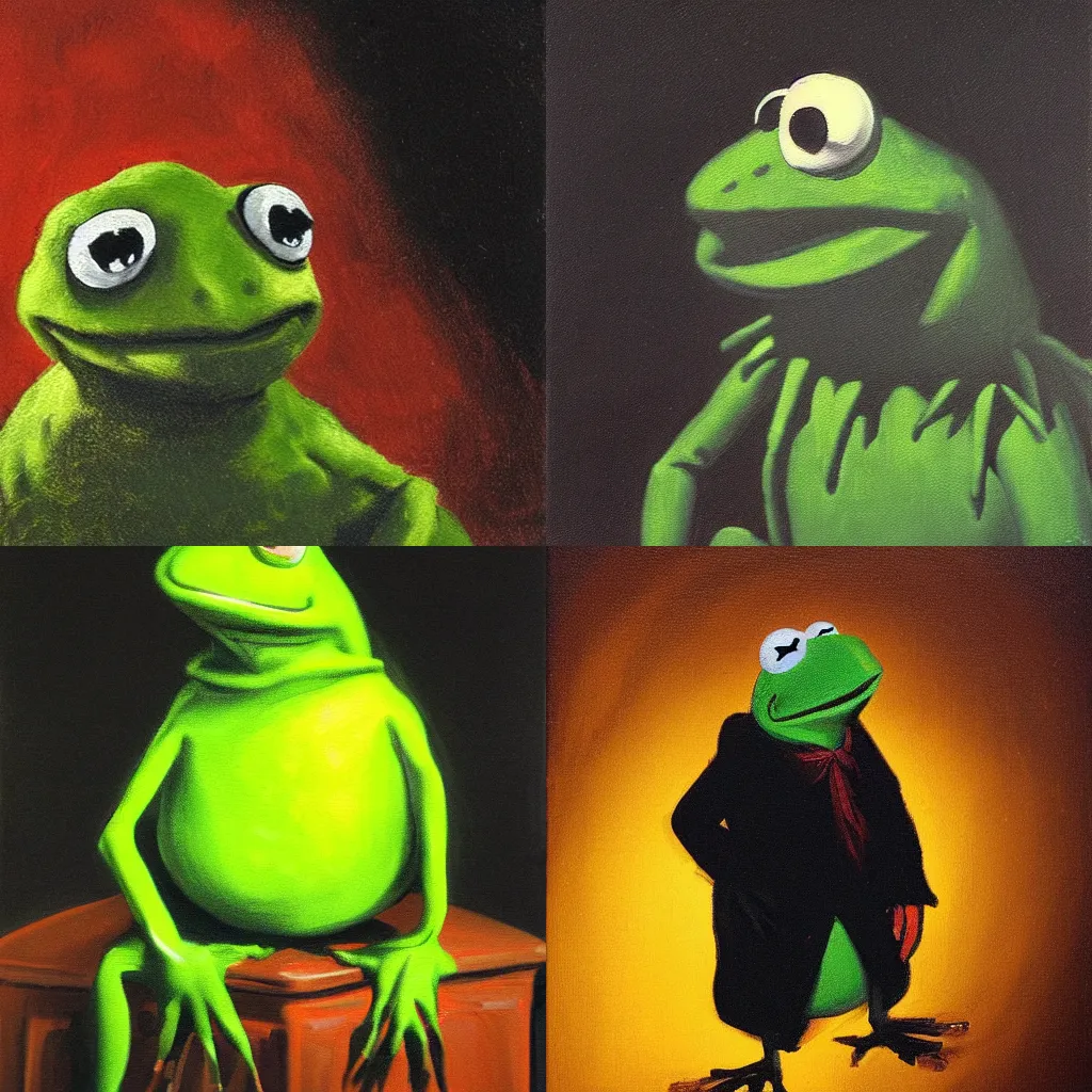 Prompt: Portrait Painting of Kermit the Frog, dramatic mood lighting, by Francisco Goya