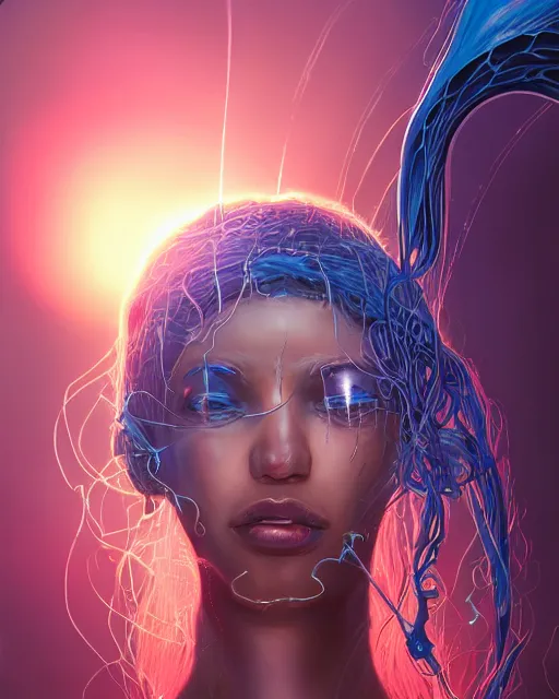 Prompt: muted, african plains, a cyberpunk close up portrait of cyborg medusa, electricity, snakes in hair, sparks, bokeh, soft focus, skin tones, warm, sky blue, daylight, by paul lehr, jesper ejsing