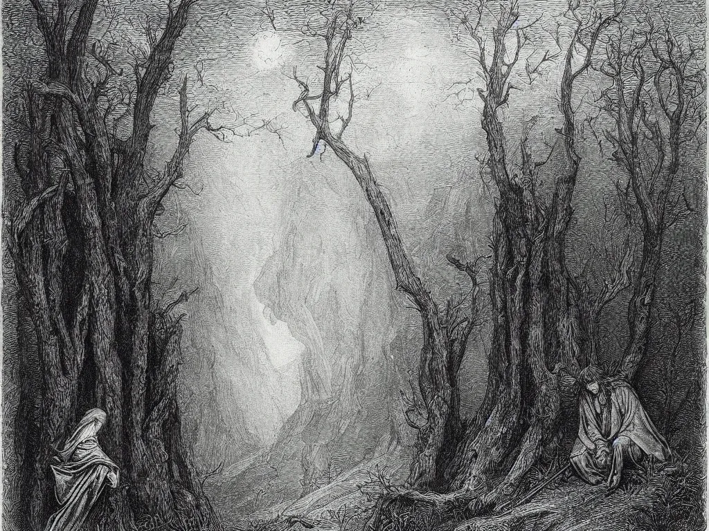 Image similar to “An engraving of Dante in the Gloomy Wood by Gustave Dore”