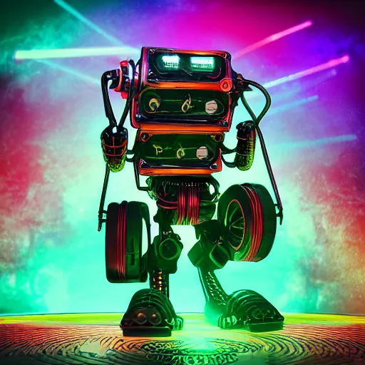 Image similar to album art, the band name is roborock, album name is energetic trance music, band with 3 steampunk robots on a dj desk with a cd mixer, 8 k, flourescent colors, halluzinogenic, multicolored, exaggerated detailed, front shot, 3 d render, octane