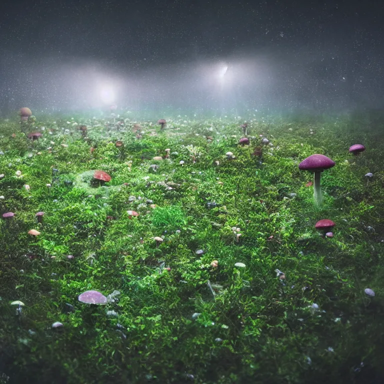 Image similar to a planet of various fungus, mushrooms, flowers and plants, inside the picture is infinity, Atmospheric, artistic photography, conceptual, long exposure outside the city, volumetric light