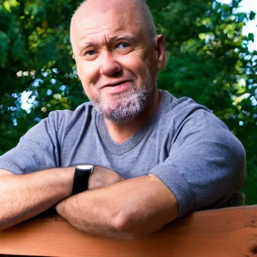 Prompt: a photograph of an ordinary man hanging out on his deck, looking scared to be