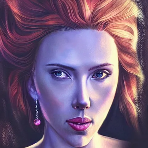 Image similar to “Scarlett Johansson portrait, fantasy, mermaid, cartoon, pearls, glowing hair, ”