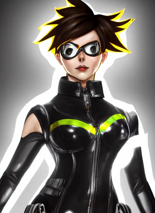 Prompt: full body digital artwork of tracer overwatch, wearing black iridescent rainbow latex, 4 k, expressive happy smug expression, makeup, in style of mark arian, wearing detailed black leather collar, wearing sleek armor, black leather harness, detailed face and eyes,