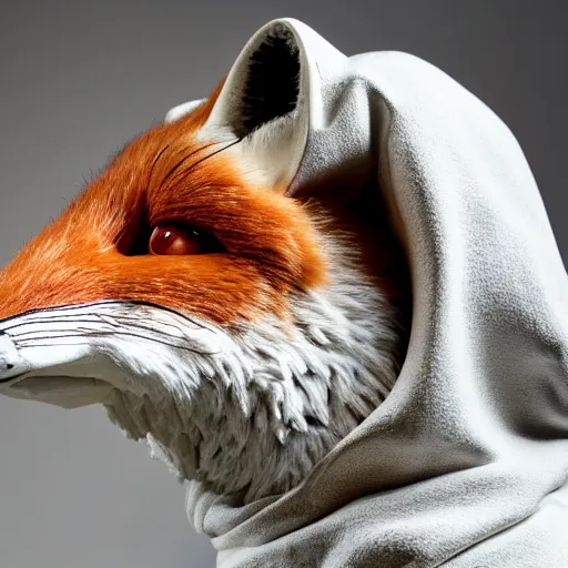 Image similar to close - up museum photo of an ancient white marble statue of a fox in a hoodie, greece, studio lighting, professional, promo,