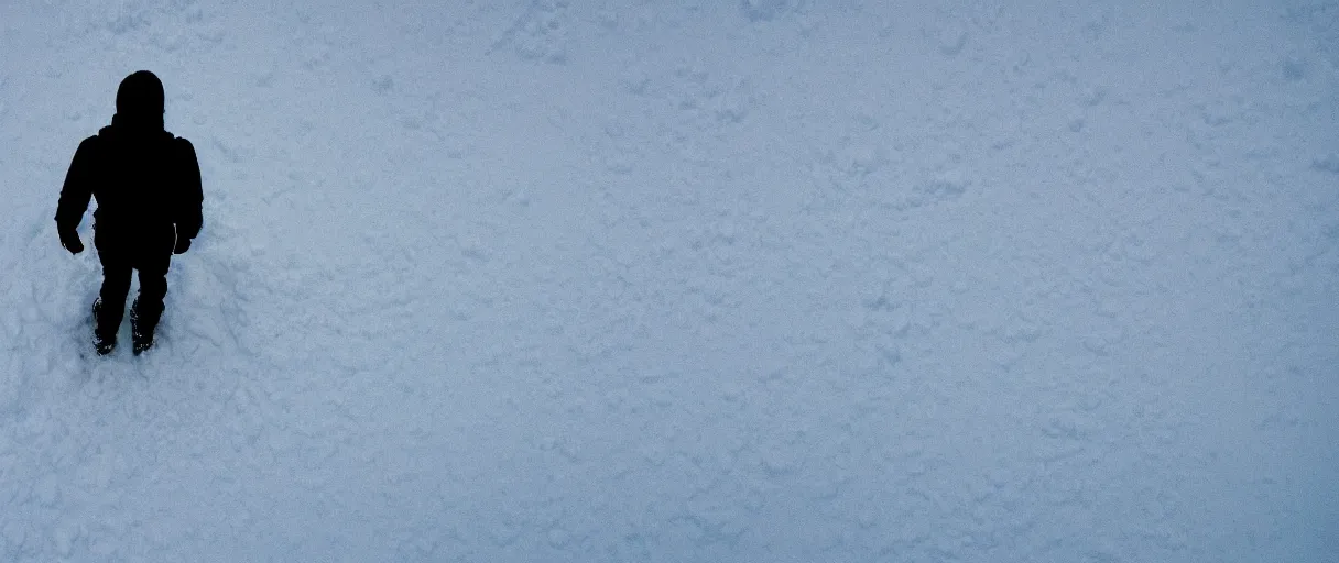 Image similar to top view extreme closeup movie like 3 5 mm film photograph of the silhouette of a man from the knees down wearing heavy boots walking through the antarctic snow during a heavy blizzard