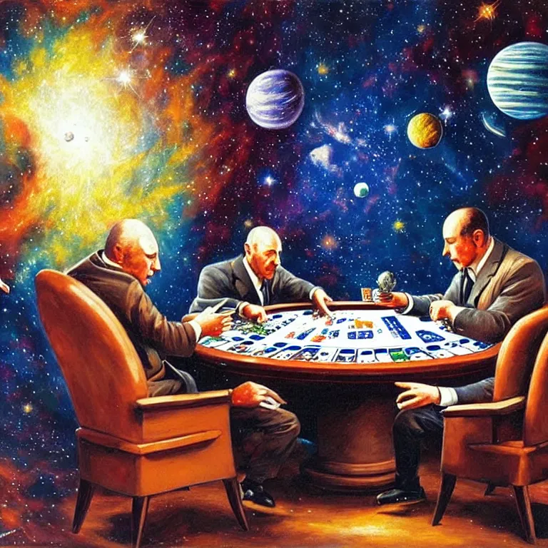 Image similar to Three mafiosi playing poker in open cosmos, star systems are visible in the background. Extremely high details, realistic, fantastic art, masterpiece, art by Alexei Leonov