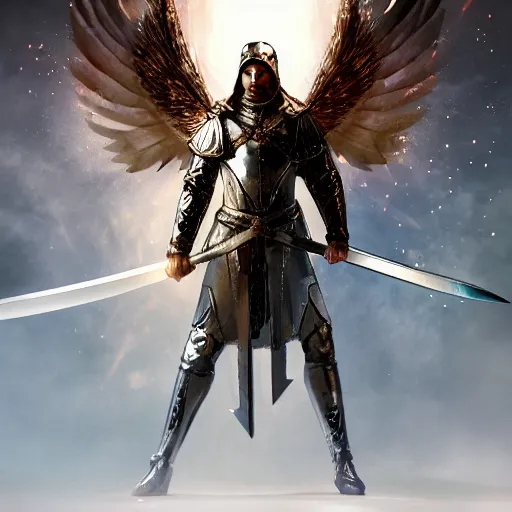 Image similar to An archangel man standing in a medieval battlefield holds a white fantasy sword above his head, light comes down from above and refracts off of the swords tip into shattered beam fragments around his body, artstation, award winning art, highly detailed incredible art