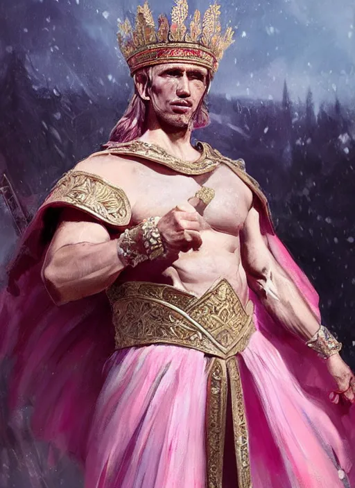 Prompt: vladimir putin as a magnificent beautiful greek god in a crown and pink balerrina skirt by greg rutkowski