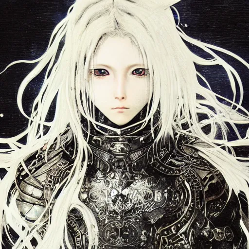 Image similar to Yoshitaka Amano realistic illustration of an anime girl with black eyes, wavy white hair fluttering in the wind and cracks on her face wearing Elden ring armour with engraving, abstract black and white patterns on the background, noisy film grain effect, highly detailed, Renaissance oil painting, weird portrait angle, blurred lost edges