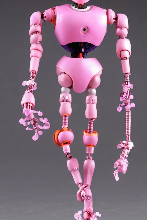 Prompt: a fat bubbly super detailed anime figurine with fluo color detail, and muted arm colors, that looks like a robot, decorated by plastic synthetic ionized metal flower sculptures