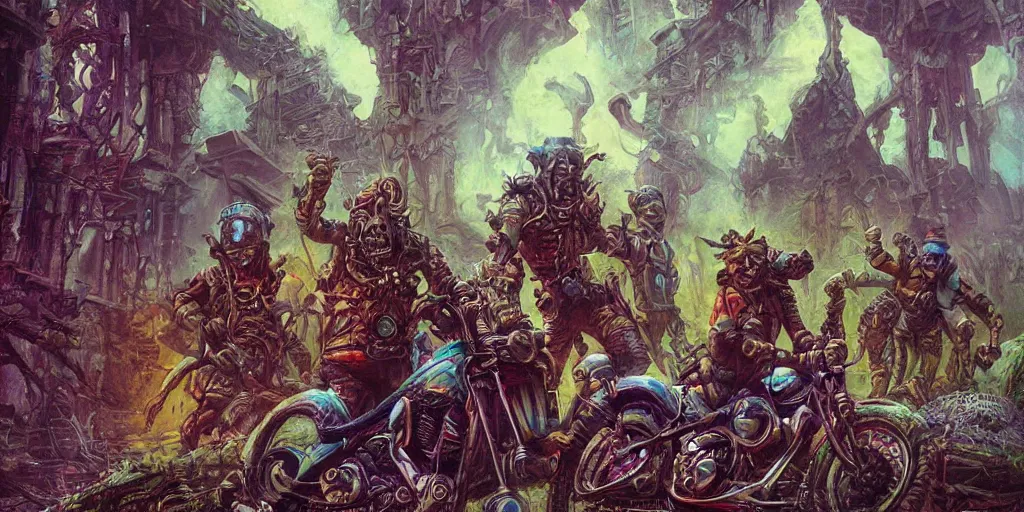 Prompt: psychedelic post apocalyptic orcish biker gang, scifi city ruins, sharp focus, psychedelic colors, boris vallejo, michael whelan