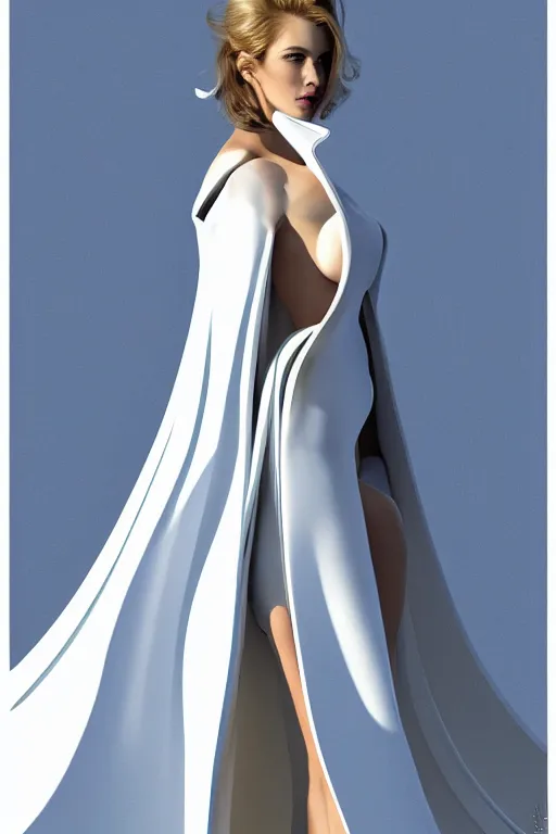 Image similar to detailed beautiful noun in opened white blue gold coat, seductive confident pose, attractive feminine curves, intricate details, futuristic, elegant cape, elegant, photorealism, trending on artstation, holy halo, advanced technology, art by moebius and vitaly bulgarov and chanthara