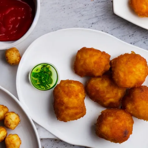 Image similar to food photo of channing tatum's face as tater tot on a plate with ketchup