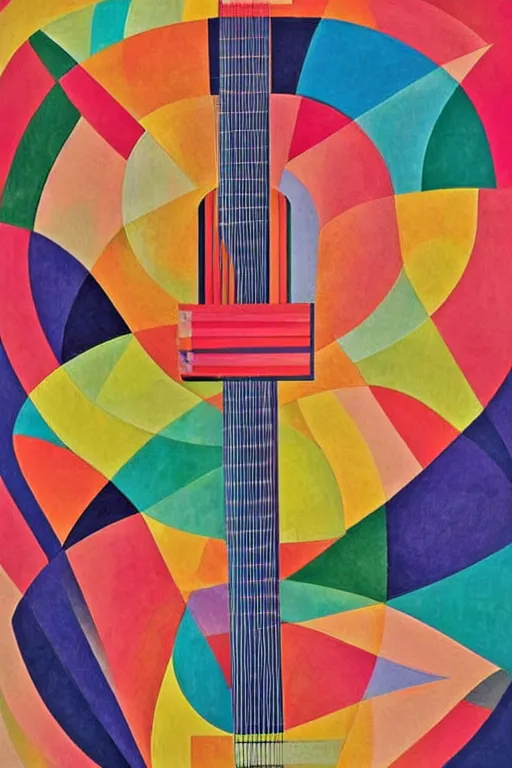 Prompt: guitar, notes, rainbow geometric architectures blend with organic shapes, abstract expressionism, geometric structures and multicolored prints in style of sonia delaunay, high detail, symmetry, poster