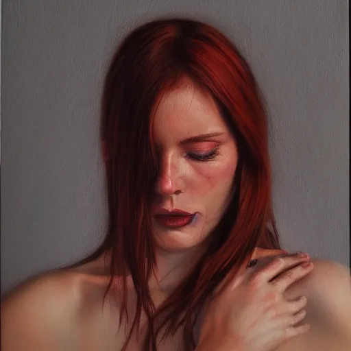 Image similar to hyperrealism oil painting of crying redhead fashion model portrait