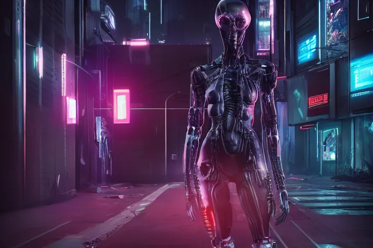 Image similar to cyberpunk alien concept inspired street, futuristic look, highly detailed body, very powerful, photorealistic camera shot, bright studio setting, studio lighting, crisp quality and light reflections, unreal engine 5 quality render